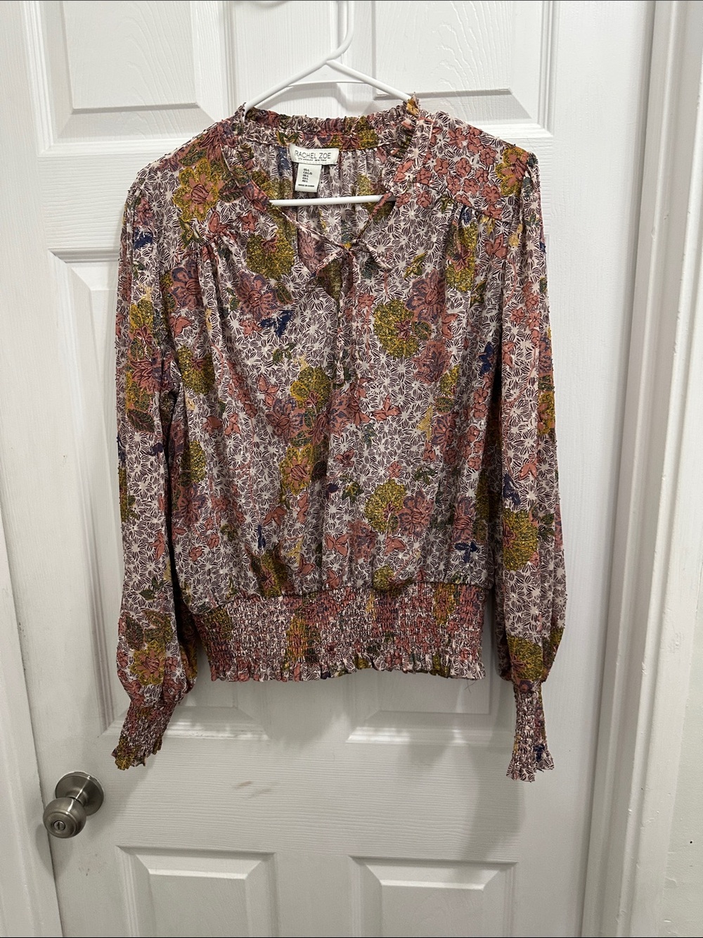 Rachel Zoe Pink Floral Smocked-Hem Long Sleeve Blouse